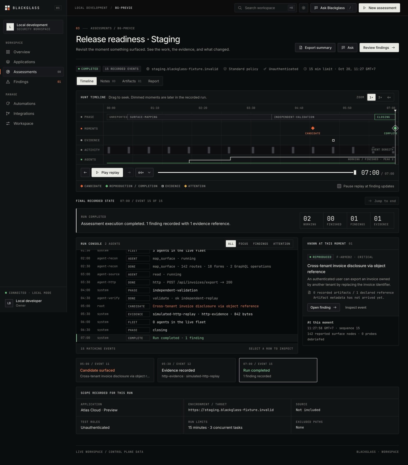Assessment BG-7A31C2 with its hunt timeline, sample data